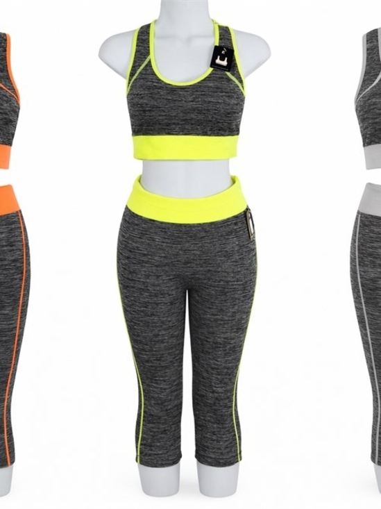 Other - Neon Yellow & Charcoal Heather Women's Active Crop Top and Capri Set